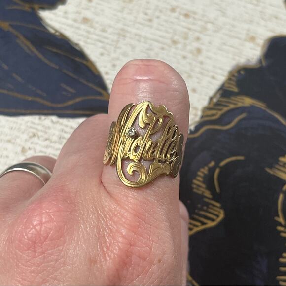 Estate 10k Gold and Diamond Large Personalized MICHELLE Name Ring D2 - Picture 4 of 9